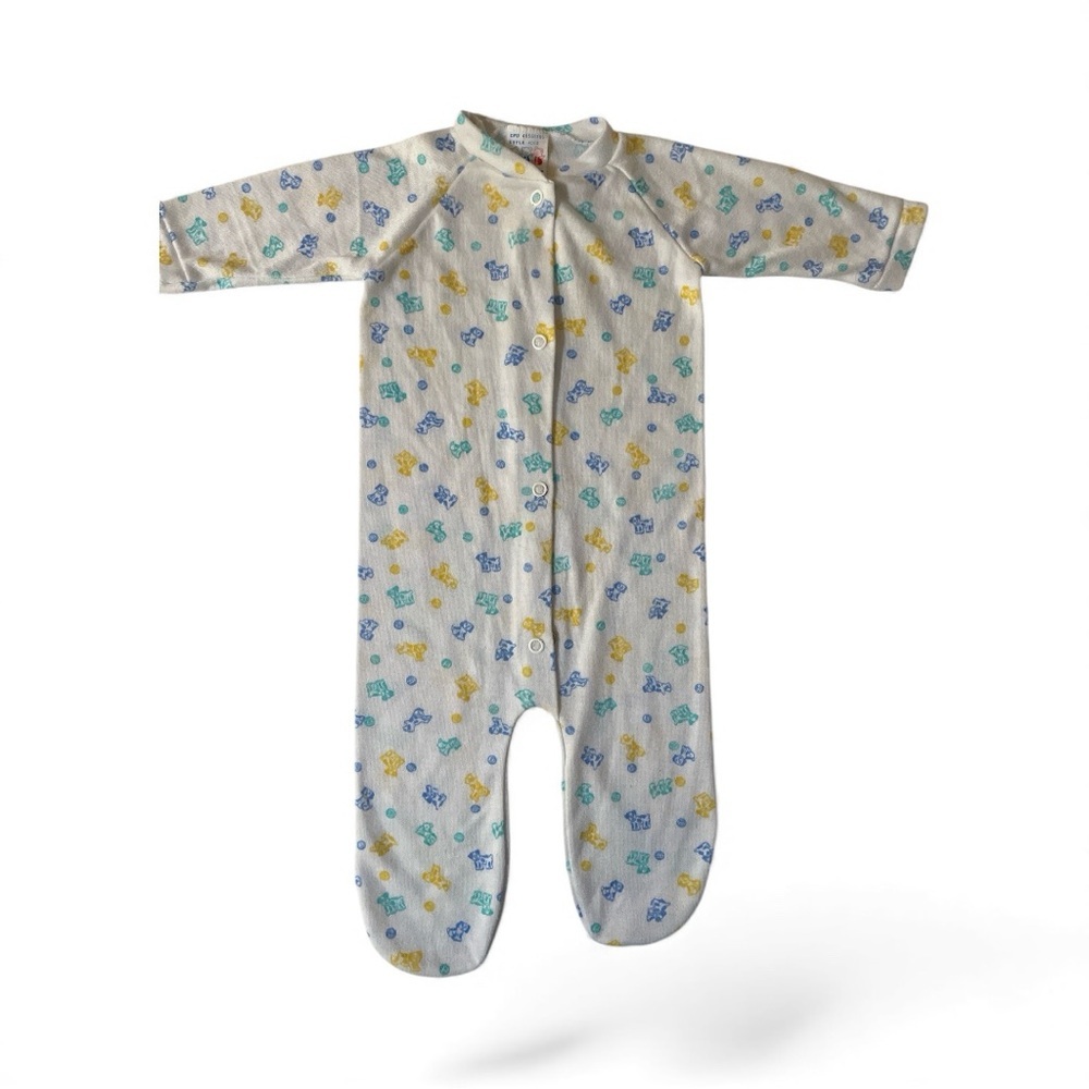 Vintage Retro Footed Baby Sleeper Dog Blue Yellow Medium (6-9M) Triplets USA
